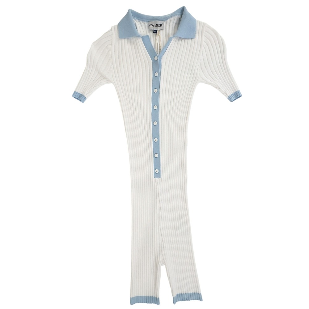 Aya Muse‎ Ribbed Knit Romper White Blue Viscose Blend XS